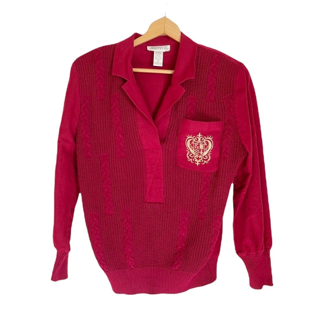 Vintage Sideffects Red Knit Crest Logo Collar Pullover Grandpa Sweater size S